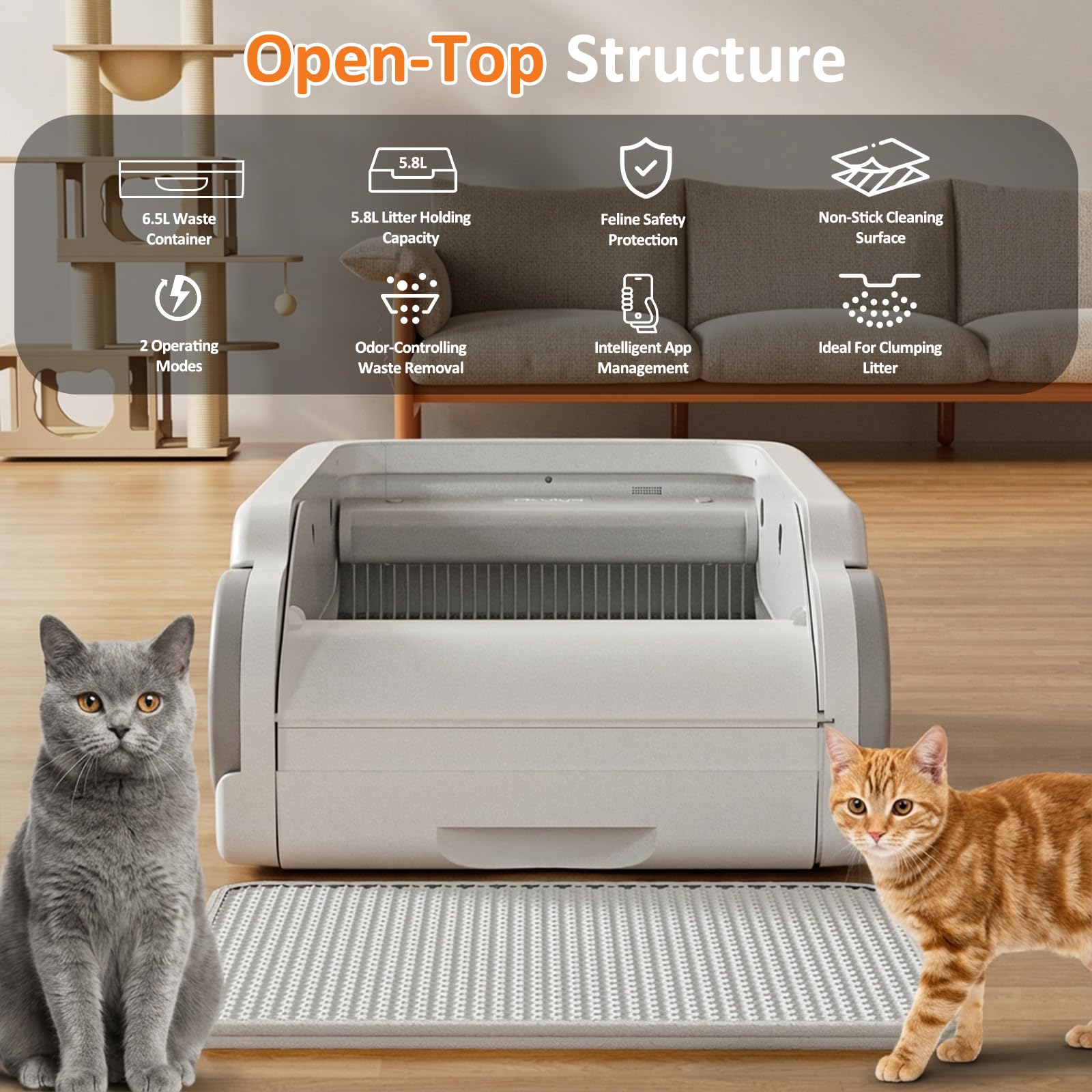 Aculya Life Open-Top Automatic Litter Box Self Cleaning Cat Litter Box Self-Cleaning Robot for Large Cats with Safety Sensors and APP Control - image 8