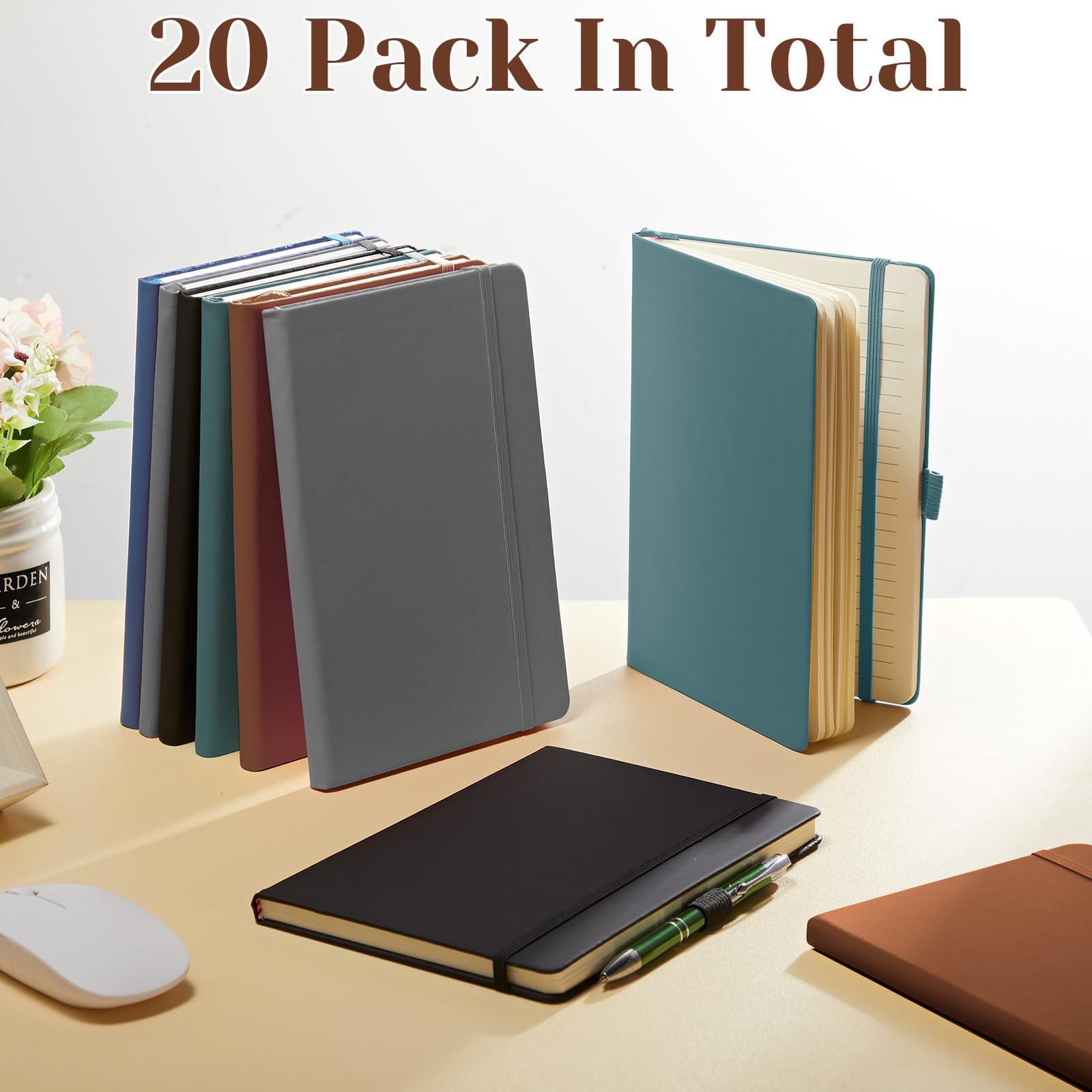 Lot de 20 carnets de poche avec couverture rigide de 9,4 x 14 cm avec porte-stylo A6 ligné avec papier 100 g/m² (noir, marron, gris, bleu lac, bleu) [reliure inconnue] [reliure inconnue]