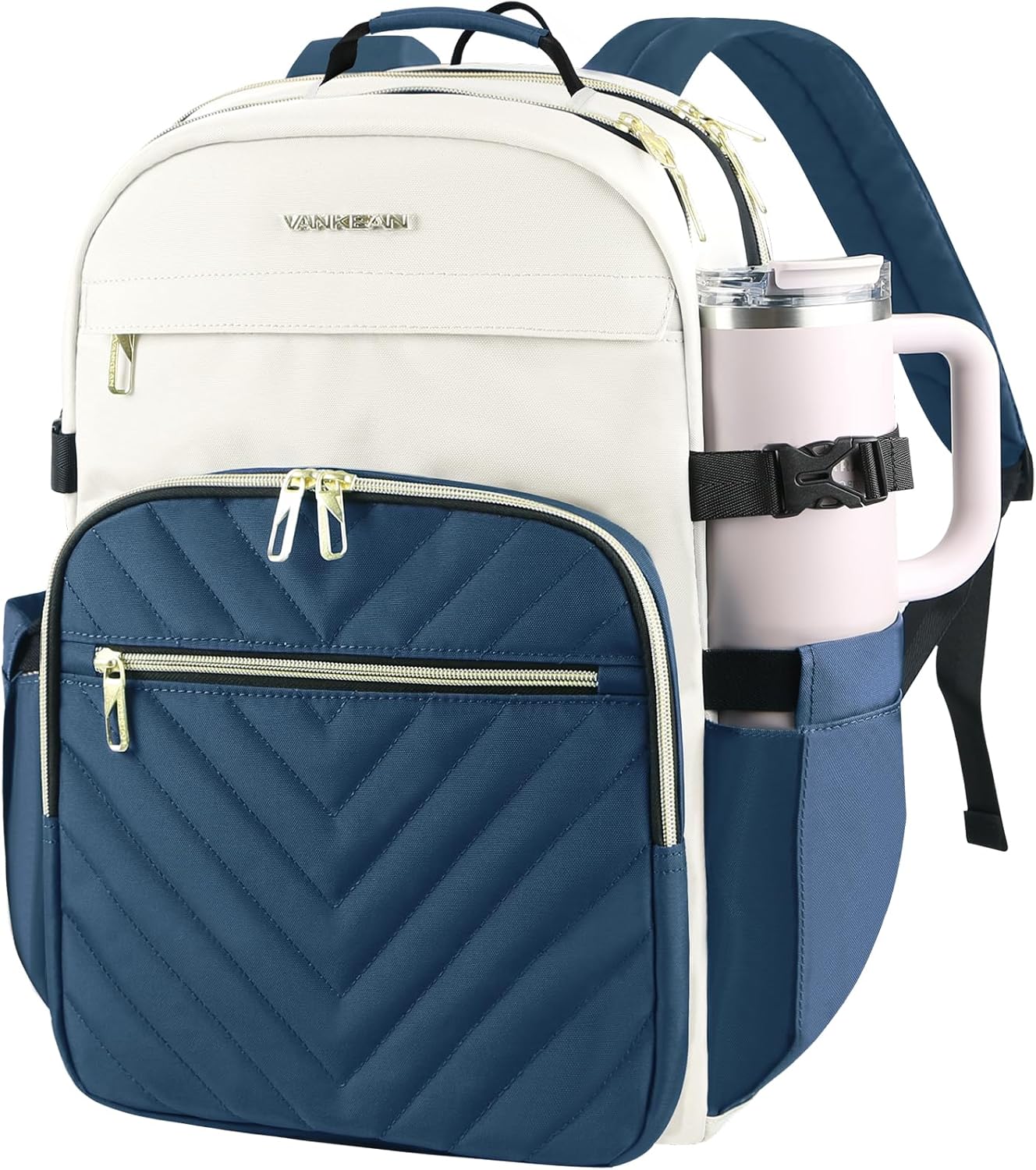 VANKEAN Laptop Backpack for Women with Giant Tumbler Holder Pocket,17.3 inch School College Book Bag Nurse Teacher Backpack,Waterproof Work Travel Backpack Purse Laptop Computer Bag, Beige-Haze blue