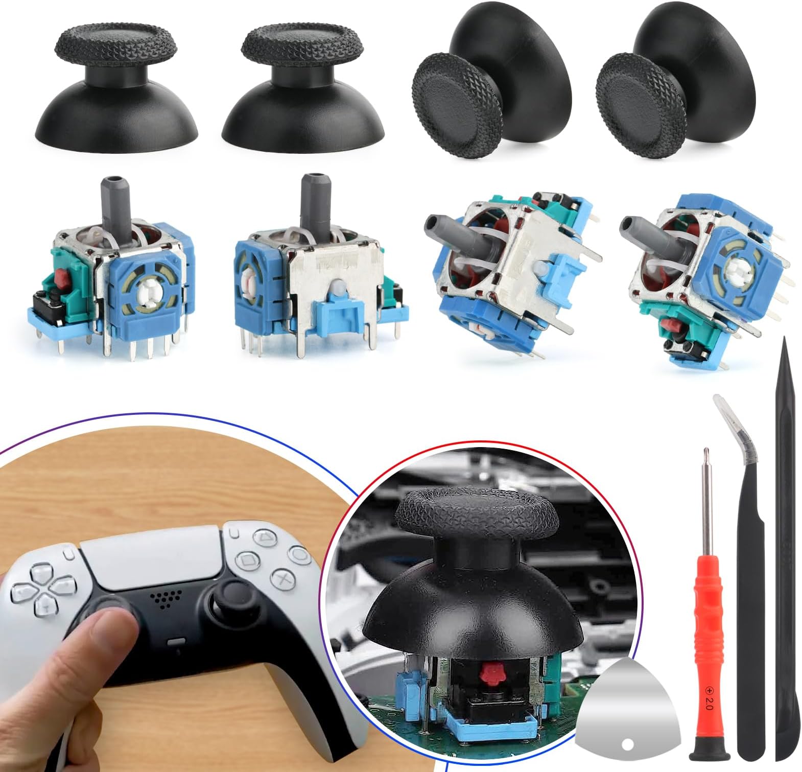 YWLRONG 4Pcs Joystick (EL7 ALPS 2.3K) Analog 3D Replacement for Play Station 5 Controller,Joystick Analog Thumb Stick Repair Kit Compatible with Play Station 5 PS5 Controller with 4 Pcs Thumbstick Cap