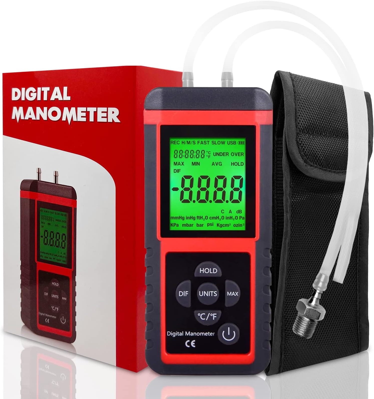 Ehdis Digital Manometer Air Pressure Meter Gas Gauge Reader with 32-bit MCU 24-bit ADC High Accuracy 12 Units Data Save or Hold