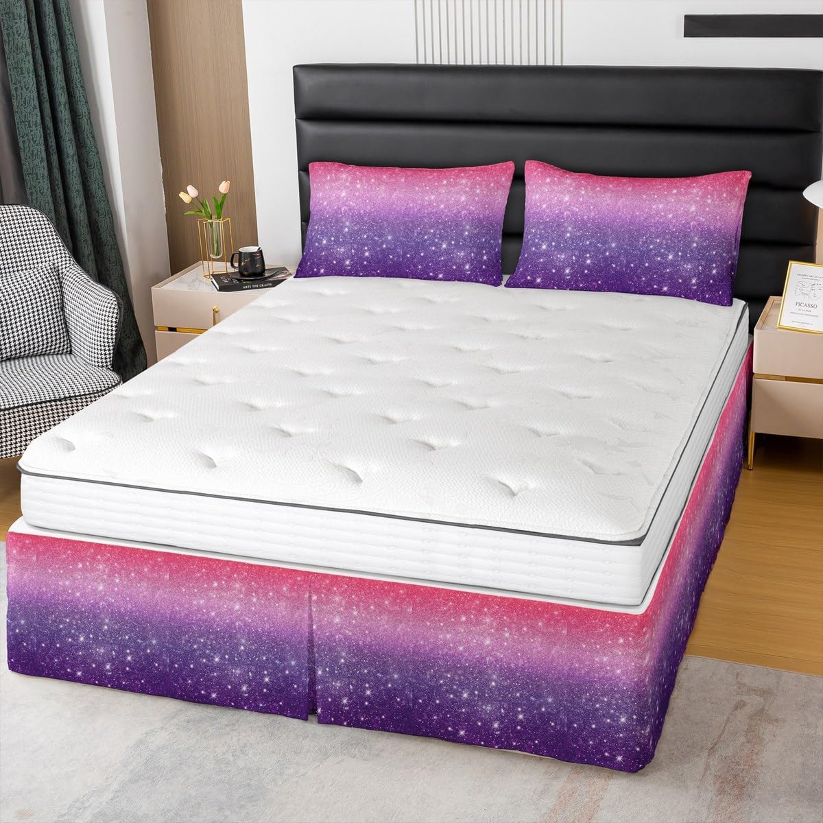 Feelyou Girls Bed Wrap Sheet Set Queen Size, Glitter Purple Blue Bed Skirt for Boys Kids Rainbow Marble Bedskirt Colorful Stripes Dust Ruffle Pleated Bedskirt with Split Corners