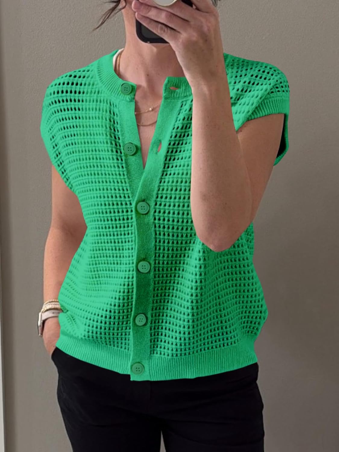 Saodimallsu Womens Short Cap Sleeve Sweater Vest Crochet Button Down Cardigans Crew Neck Summer Knit Tops - Image 3