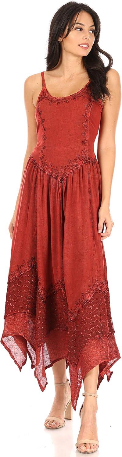 Sakkas Rayon Embroidered Stonewashed Adjustable Spaghetti Straps Long Dress - Image 5