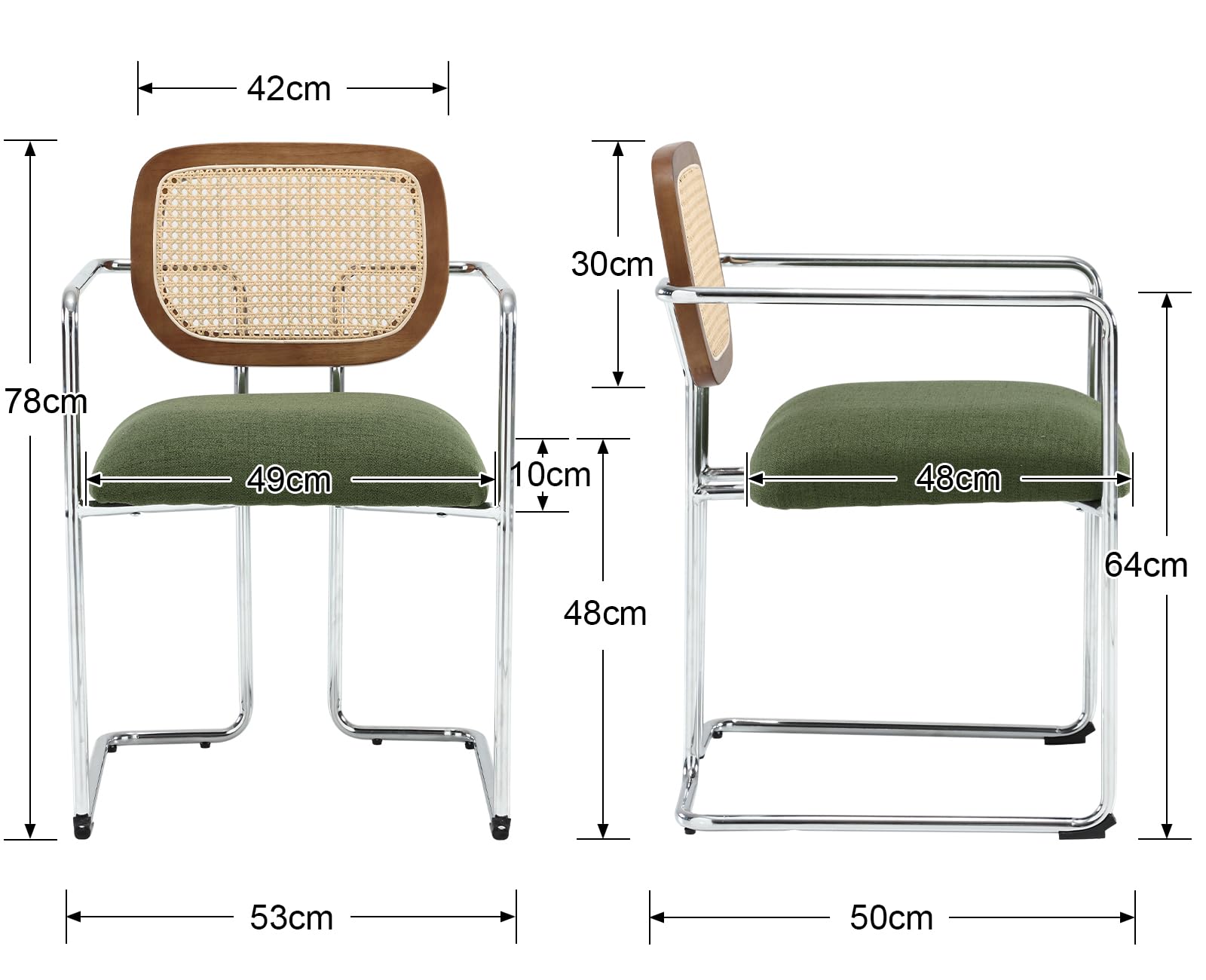 Esszimmerstühle 2er Set, Retro Küchenstühle mit Rattan Rückenlehne Gepolsterte Essstühle mit Metallgestell aus Leinen, für Esszimmer Wohnzimmer Küche Schlafzimmer​Lounge, Grün
