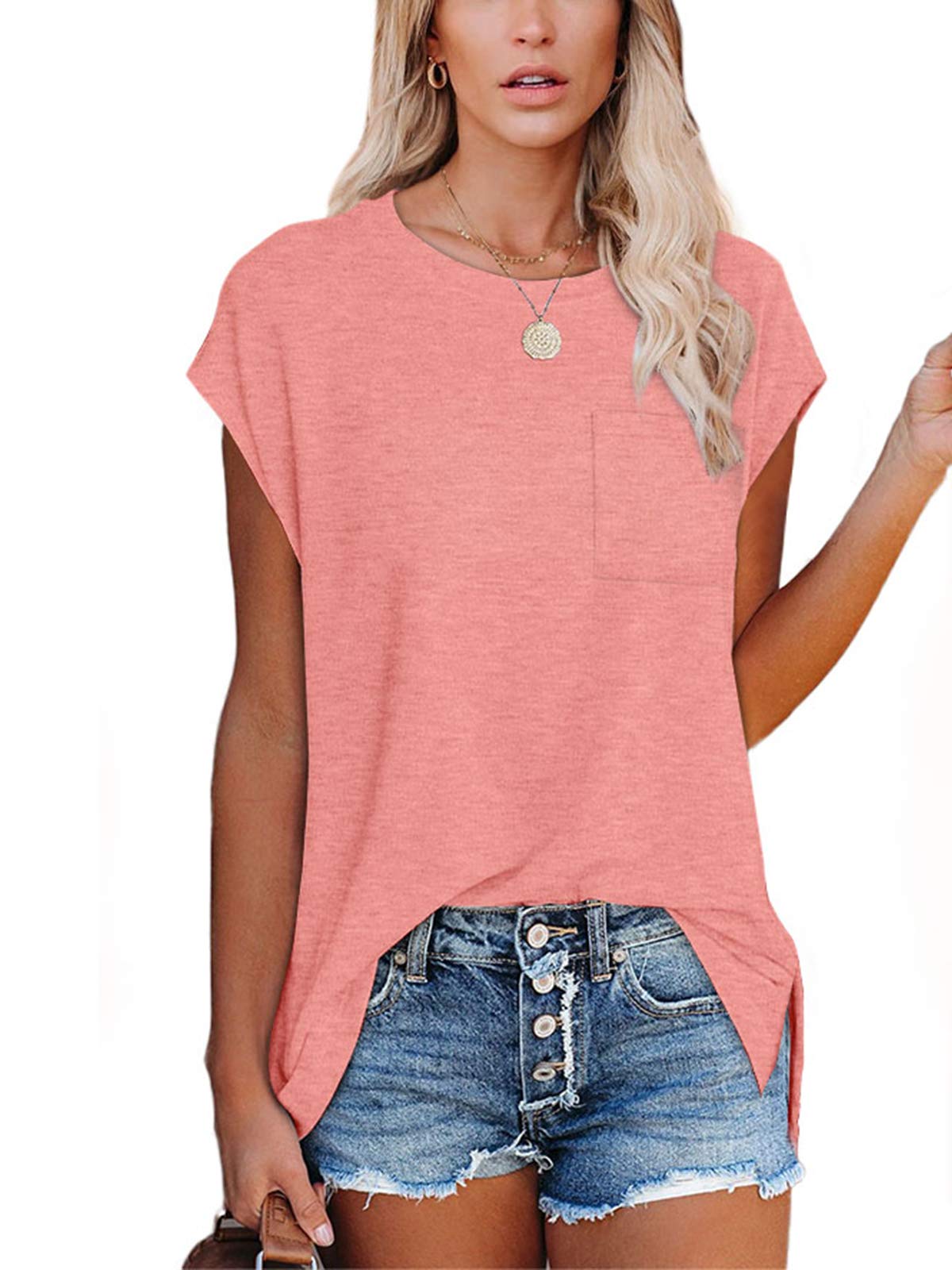 XIEERDUO T Shirts for Women Summer Tops Loose Fit Sleeve Shirts Clothing Trendy with Pocket S-2XL