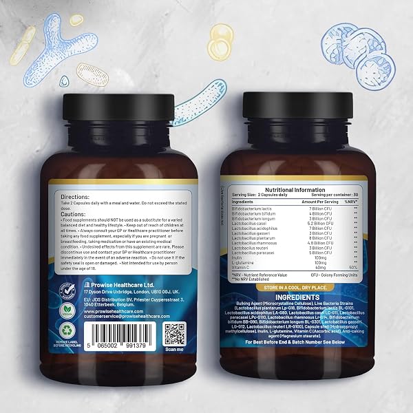 Bio Cultures Complex Probiotics and Prebiotics - 50 Billion CFU - 10 Live Bacteria Strains β Added with Inulin, L-Glutamine & Vitamin C - 60 Capsules | Advanced Probiotic for Women & Men by Prowise - 2