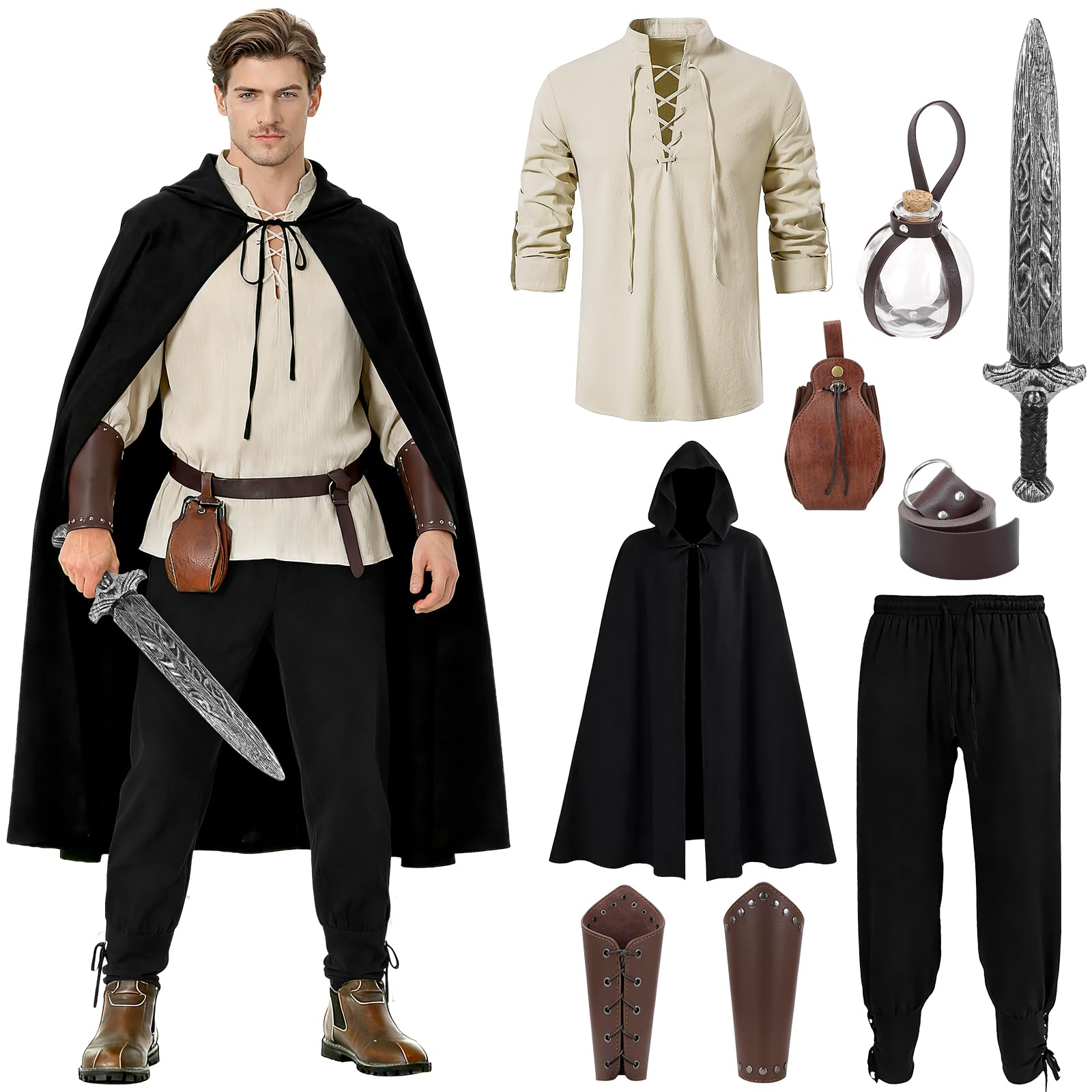 XJGQZ 9-Piece Ren Faire Fancy Dress Men, Renaissance Viking Outfit Set for Men, Medieval Pirate Accessories Elf Hunter Trousers Full Outfit (Black, XXL)
