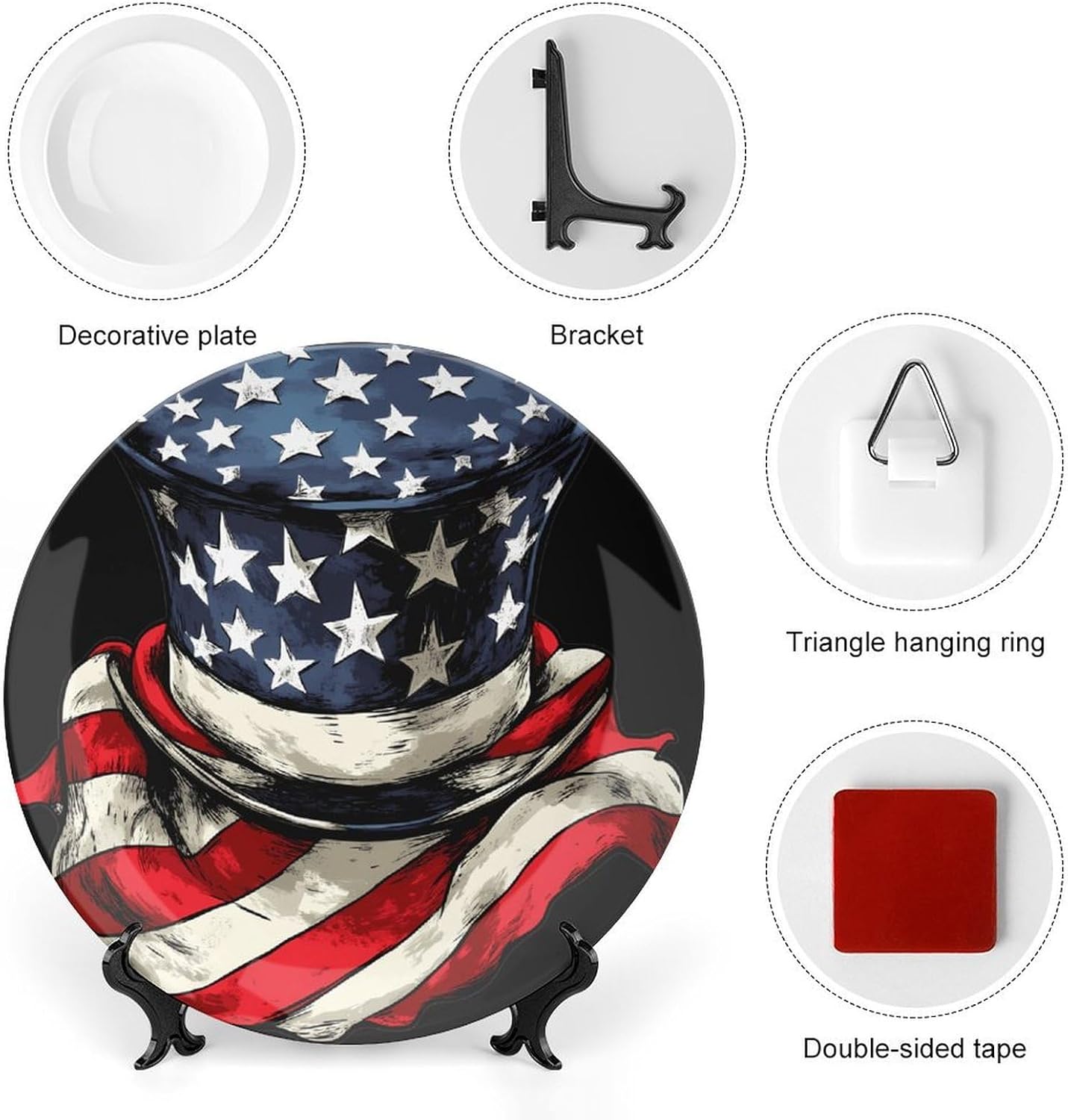 U.S.A. Flag Scarf Top Hat Decorative Plates for Display Ceramic Plate Tray with Stand Hanger Home Decor