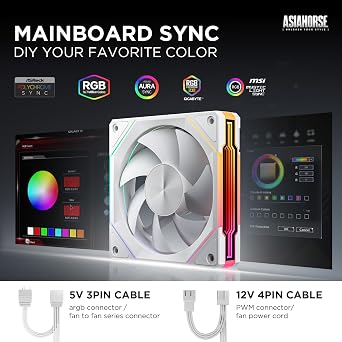 AsiaHorse AMICIPro 120mm ARGB PC Fans,Ultra-Quiet Operation <30dB, 1800 RPM HDB Bearings, 12 LED Lights, Aura SYNC Compatible for Enhanced Cooling and Visuals (Non-Illuminated Blade)