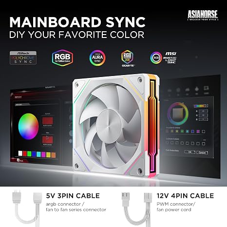 AsiaHorse AMICIPro 120mm ARGB PC Fans,Ultra-Quiet Operation <30dB, 1800 RPM HDB Bearings, 12 LED Lights, Aura SYNC Compatible for Enhanced Cooling and Visuals (Non-Illuminated Blade)