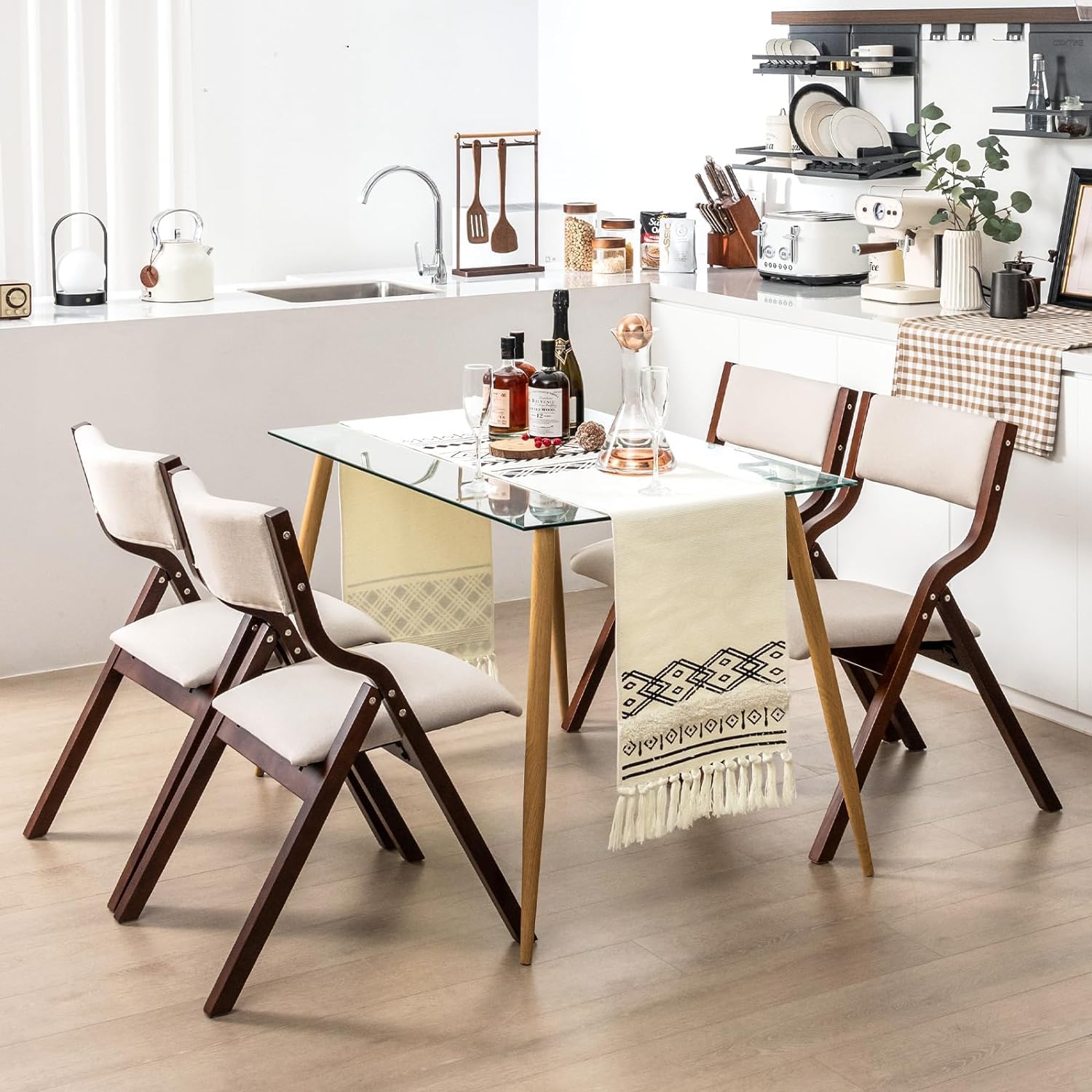 LDAILY Moccha Folding Chair, No Assembly Foldable Dining Chairs w/Slip Foot Pads, Folding Chairs 2 Pack w/Linen Padded Seats, Wood Folding Chairs for Kitchen, Office, Wedding Party, Coffee