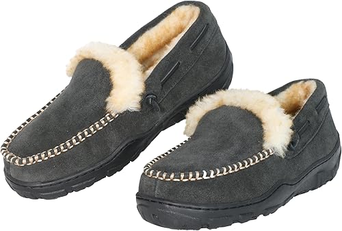 Mocasines para hombre Zapatilla de cuero superior corderos forro de lana espuma viscoelástica suela de goma interior exterior casa zapatilla