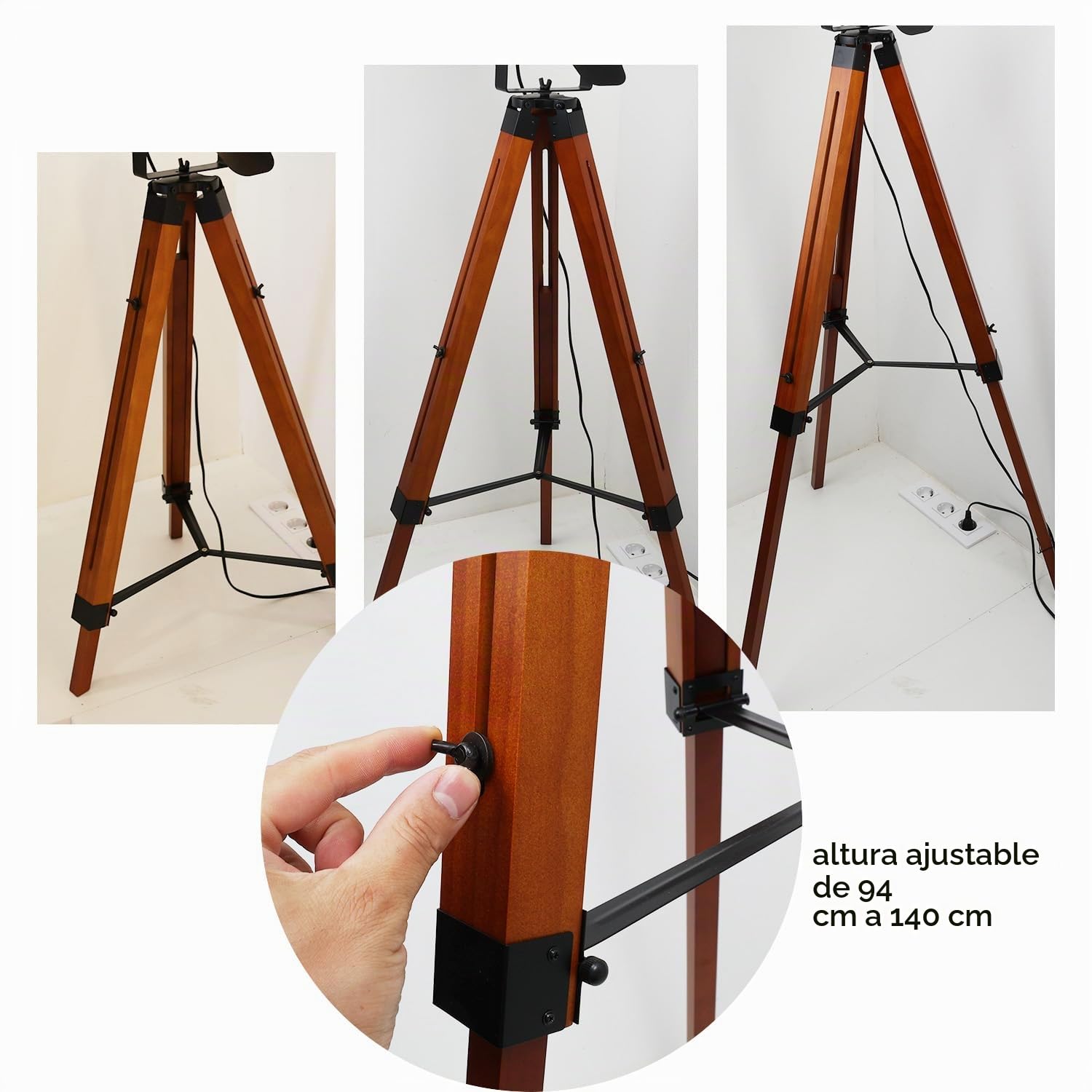 Alpinaluz Lámpara de Pie con Trípode de Madera Natural y Cabezal Negro Mate con Cristal Opaco, Altura Ajustable, Estilo Vintage Retro Cinema, Casquillo E27 para Salón y Dormitorio