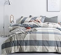 Vista 2 de SUSYBAO Juego de funda de edredón a cuadros azules, tamaño Queen, 100% algodón lavado, juego de funda de edredón de 3 piezas, 1 funda de edredón