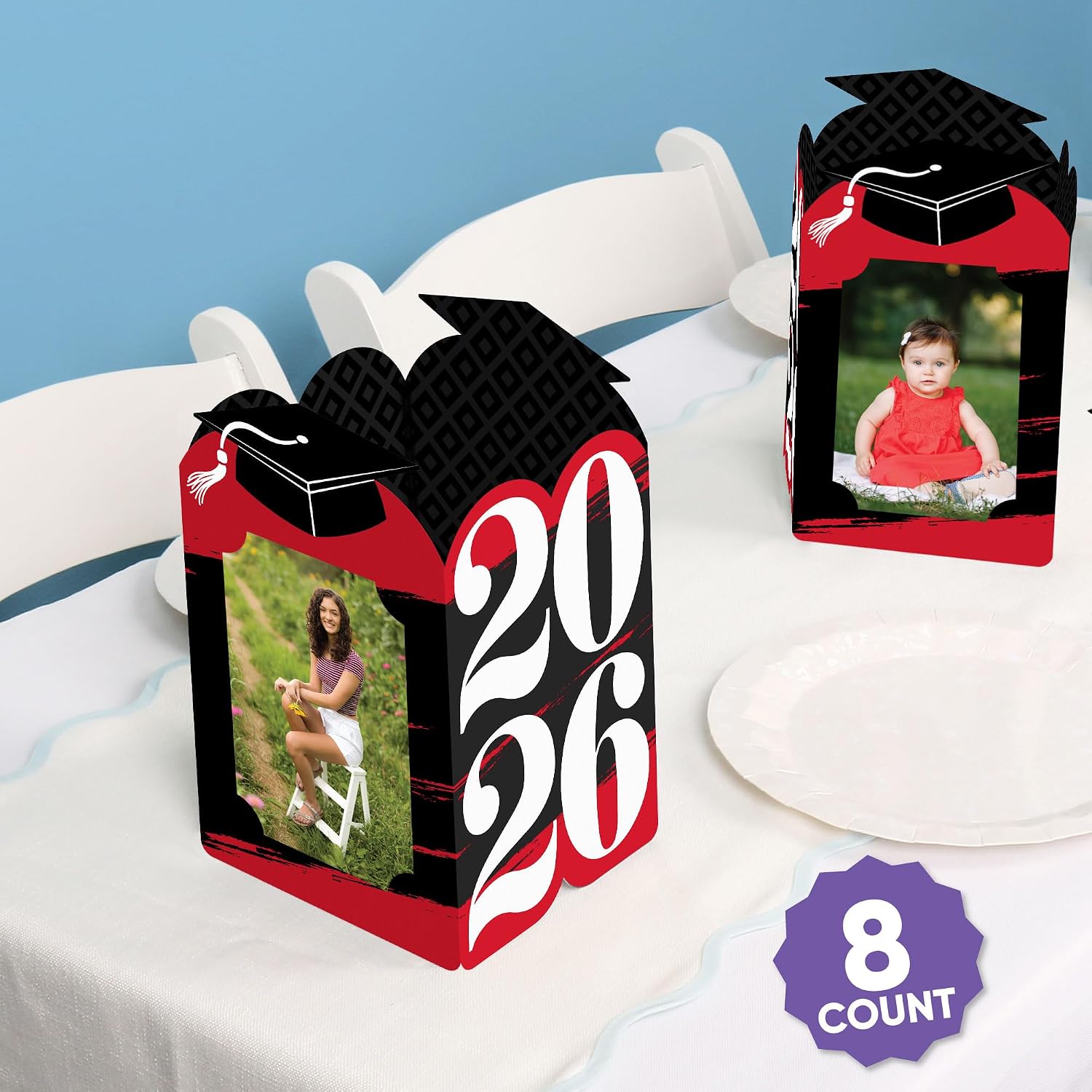 Big Dot of Happiness Red 2026 Graduation Photo Holder Centerpieces, 4x6 Picture Display Box, Table Decoration Centerpiece for Grad Party Decor, 8 Count