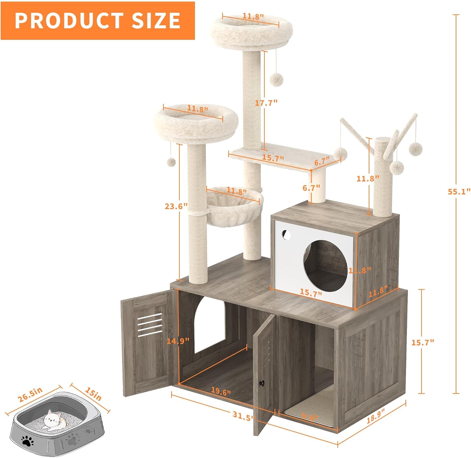 Furniture Style Cat Tree Tower & Hidden Litter Box Cabinet Combo – Multi-Level Cat House with Sisal Scratching Posts, Perch & Luxury Hammock