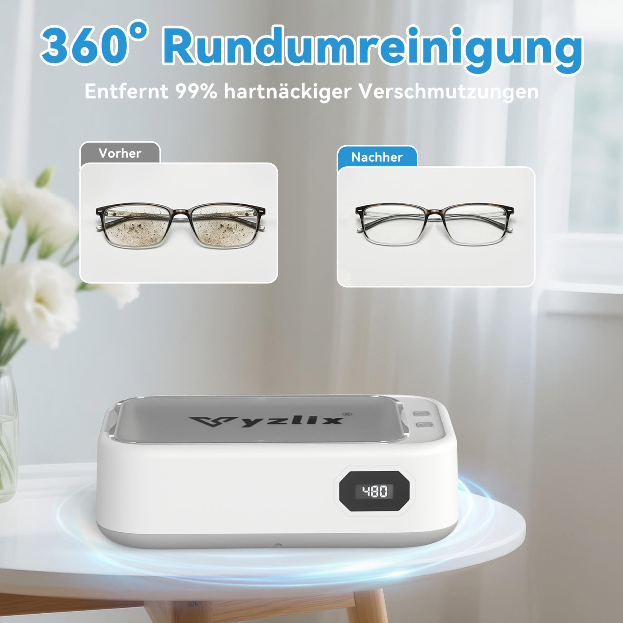 Ultraschallreinigungsgerät, 640ml Brillenreinigungsgerät Mit 5 Modi, 49000hz Ultraschallreiniger, 40W Ultraschallreinigungsgerät Brille für Ringe, Münzen, Zahnersatz (Weiß)