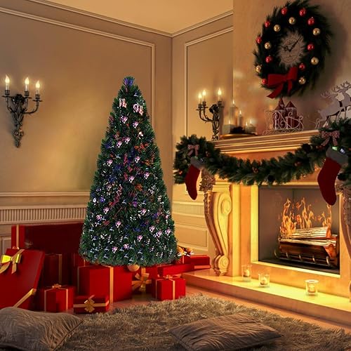 Miniatura 148 de Goplus Árbol de Navidad artificial de fibra óptica preiluminado, con luces LED multicolor y copos de nieve (6 pies)