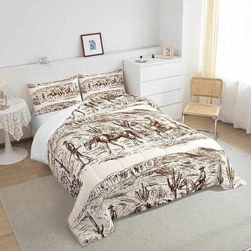 Miniatura 4 de Wild West - Juego de edredón Queen Cowboys para hombre, adolescente, niño, desierto occidental, caza, equitación, juegos de ropa de cama dibujada a
