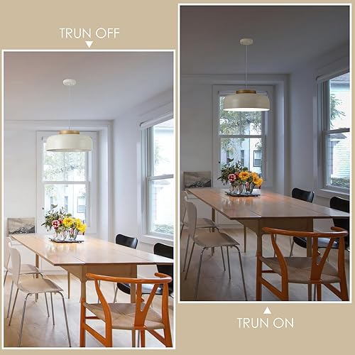 Miniatura 5 de Lámpara colgante grande moderna, 17.7 pulgadas, pantalla crema, madera natural, lámpara simple para comedor, mesa de cocina