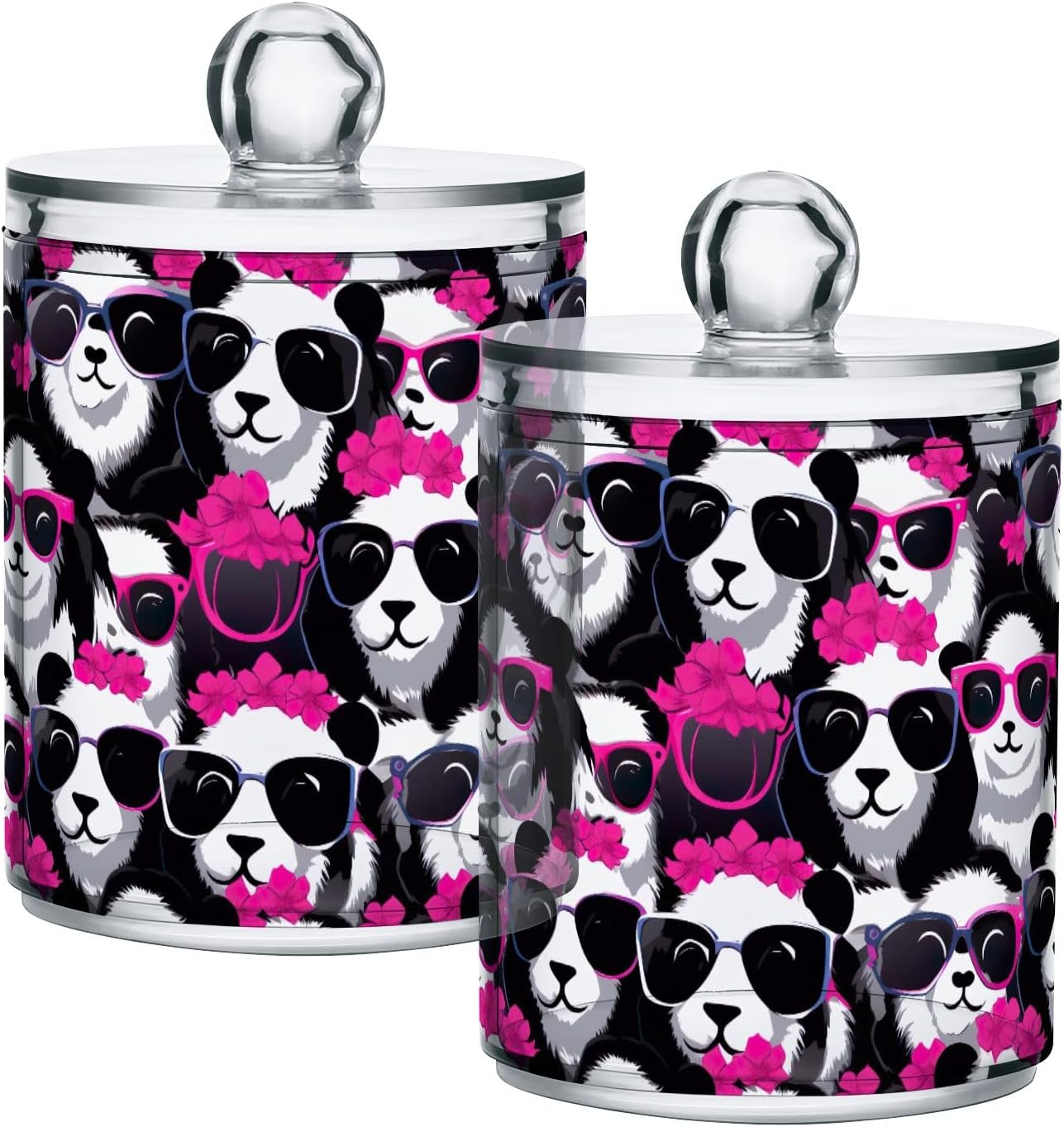 Funny Panda Wear Sunglasses Qtip Holder Dispenser 2 Pack Apothecary Jars with Lids Makeup Brush Container for Cotton Ball, Swab, Floss, Makeup Sponges, Hair Clip 10 Oz