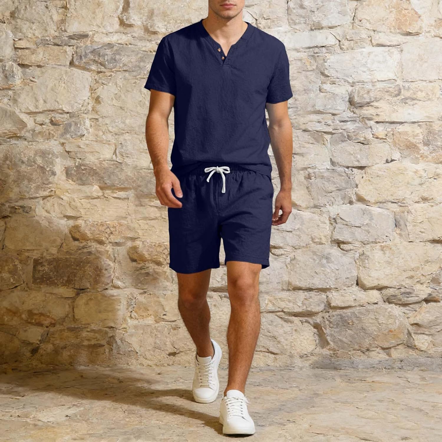 Plain 2 Piece Summer Sets for Men:Casual Button Down Short Sleeve Tshirts and Shorts Hiking Workout Vacation Outfits