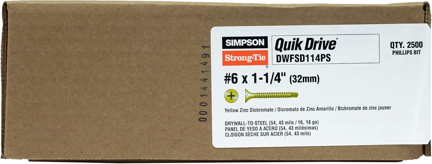 Simpson Strong-Tie DWFSD114PS DWFSD Drywall-to-CFS Screw (Collated) — #6 x 1-1/4 in. #2 Phillips, Yellow Zinc (2500-Qty)