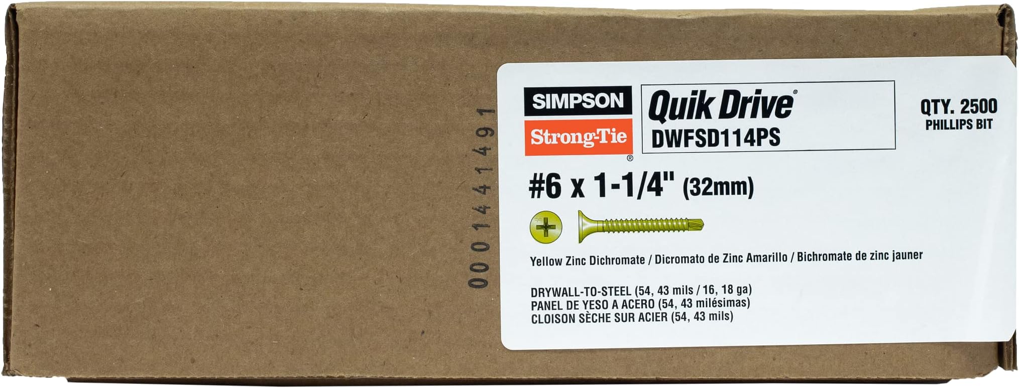Simpson Strong-Tie DWFSD114PS DWFSD Drywall-to-CFS Screw (Collated) — #6 x 1-1/4 in. #2 Phillips, Yellow Zinc (2500-Qty)