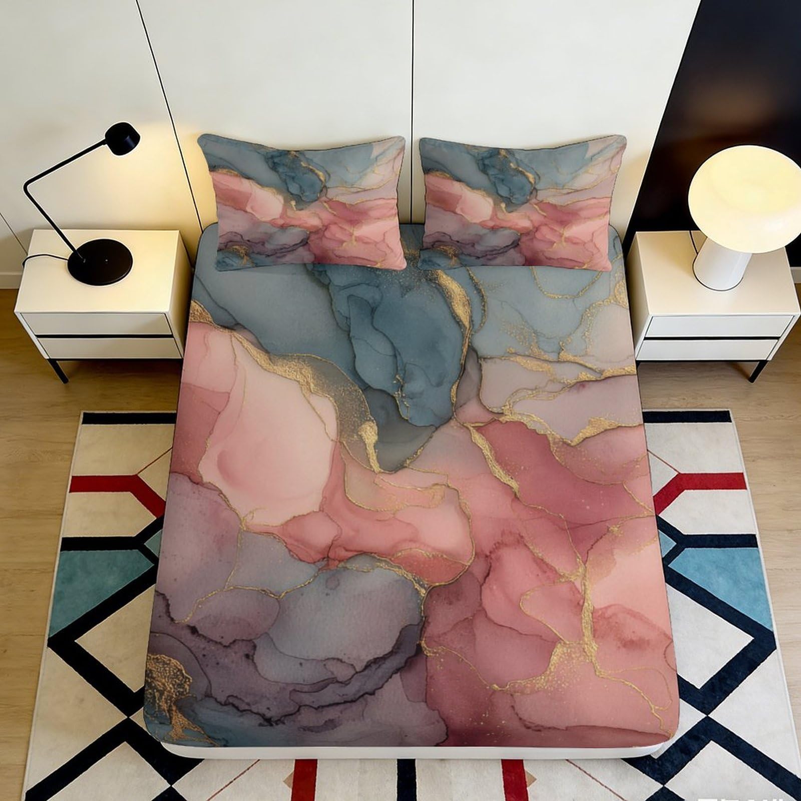 3D Printed Marble Pattern Fitted Sheet Microfiber Soft Breathable Abstract Art Bed Cover for Bedroom Dormitory Guest Room Mattress Protection 180x200x25cm