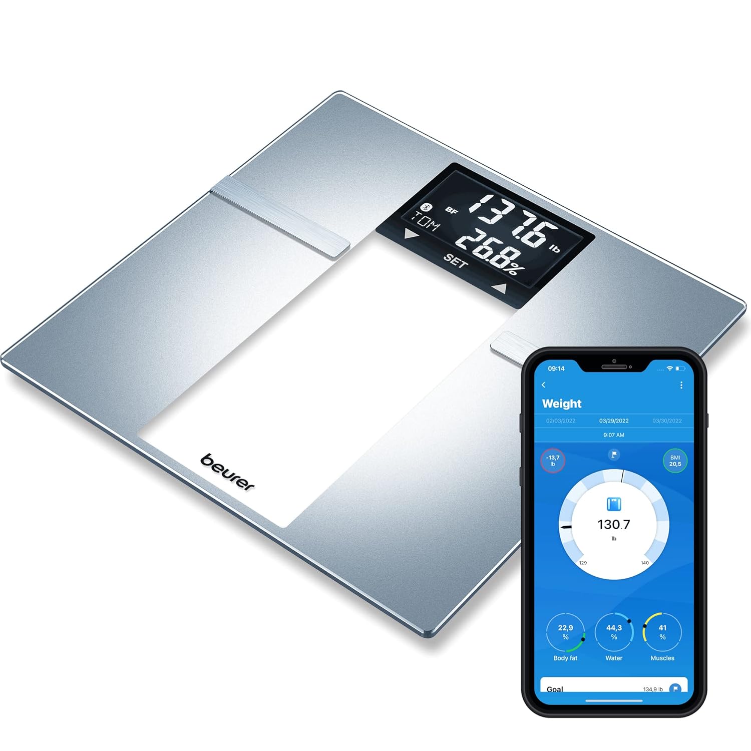 Beurer BF720 Smart Scale for Body Weight Body Fat Body Water More 400 lb Capacity Bluetooth App Calorie