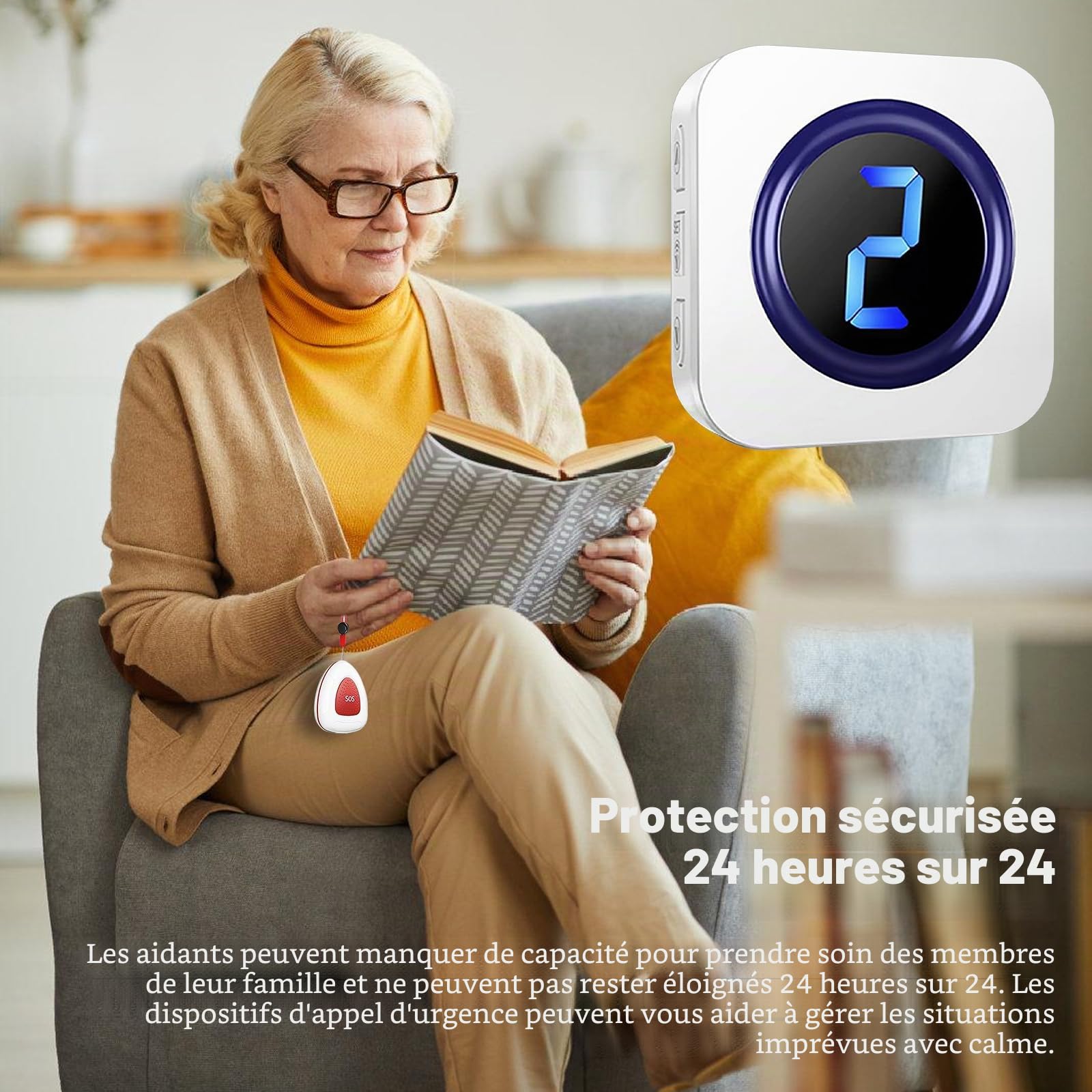 Alarme Personne Agee, Bracelet Alarme, Bouton D'appel d'urgence sans Fil 300cm, Bouton D'alarme pour Appel Infirmière, Personnes Âgées, Patients, Appel d'urgence, 1 Récepteur+1 Émetteur