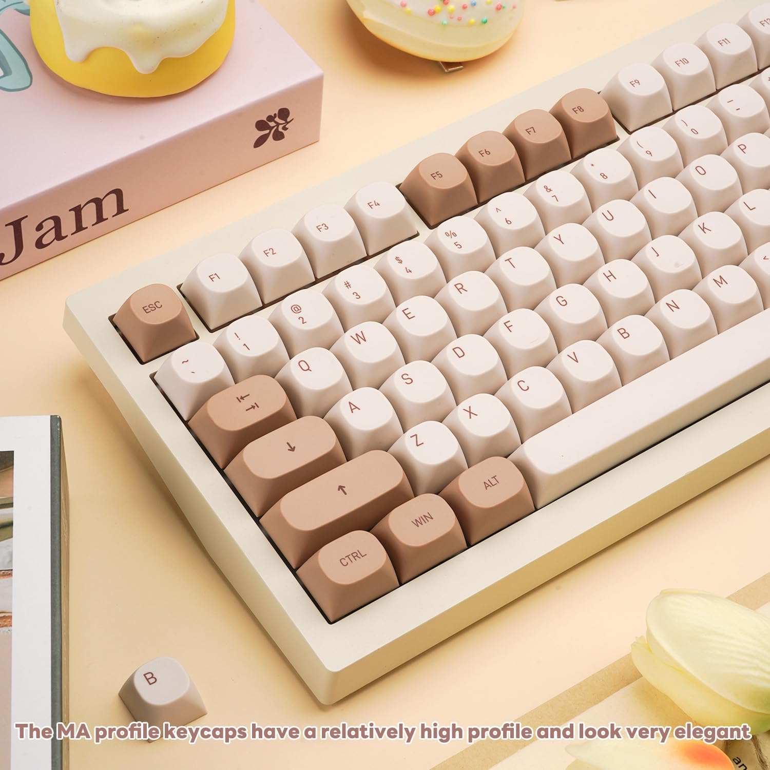119 Keys Retro Minimalist Brown and Grey Keycaps, Custom MA Profile PBT Dye Sub Keycaps for ANSI Layout Cherry Mx Mechanical Keyboard (Only Keycap)