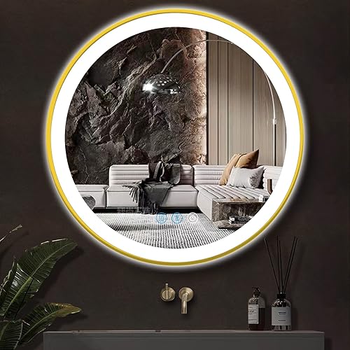 Espejo LED redondo dorado para baño con luces con marco dorado de 20 pulgadas, espejo redondo iluminado para pared de baño, espejos iluminados
