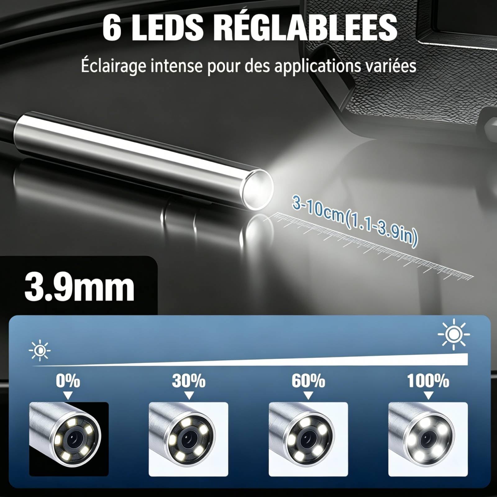 Endoscope Industriel P40, Caméra d'Inspection 1920P HD, Sonde 3,9 mm, Écran IPS 4,3 Pouces, 6 LED Réglables