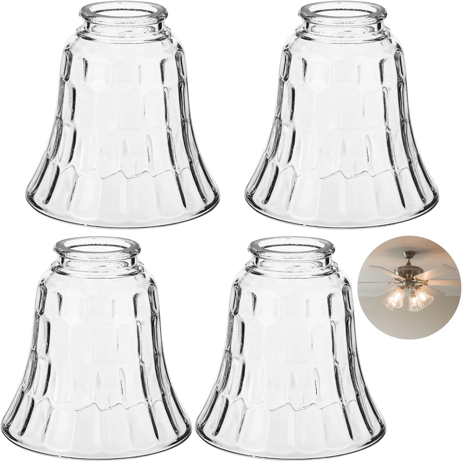 4 Pcs Clear Hammered Glass Shades, Ceiling Fan Light Covers, Bell-shaped Light Replacement Shades with 1.61" Fitter, Ideal for Ceiling Fans, Wall Sconces, Island Lights
