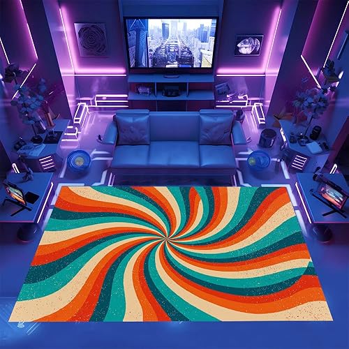 Miniatura 3 de Retro 70S Rotating Rainbow Carpet for Living Room 6x8ft Abstract Illusion Lines Area Rug for Bedroom Washable Non-Slip Rug Throw Cute Soft Kids Rugs