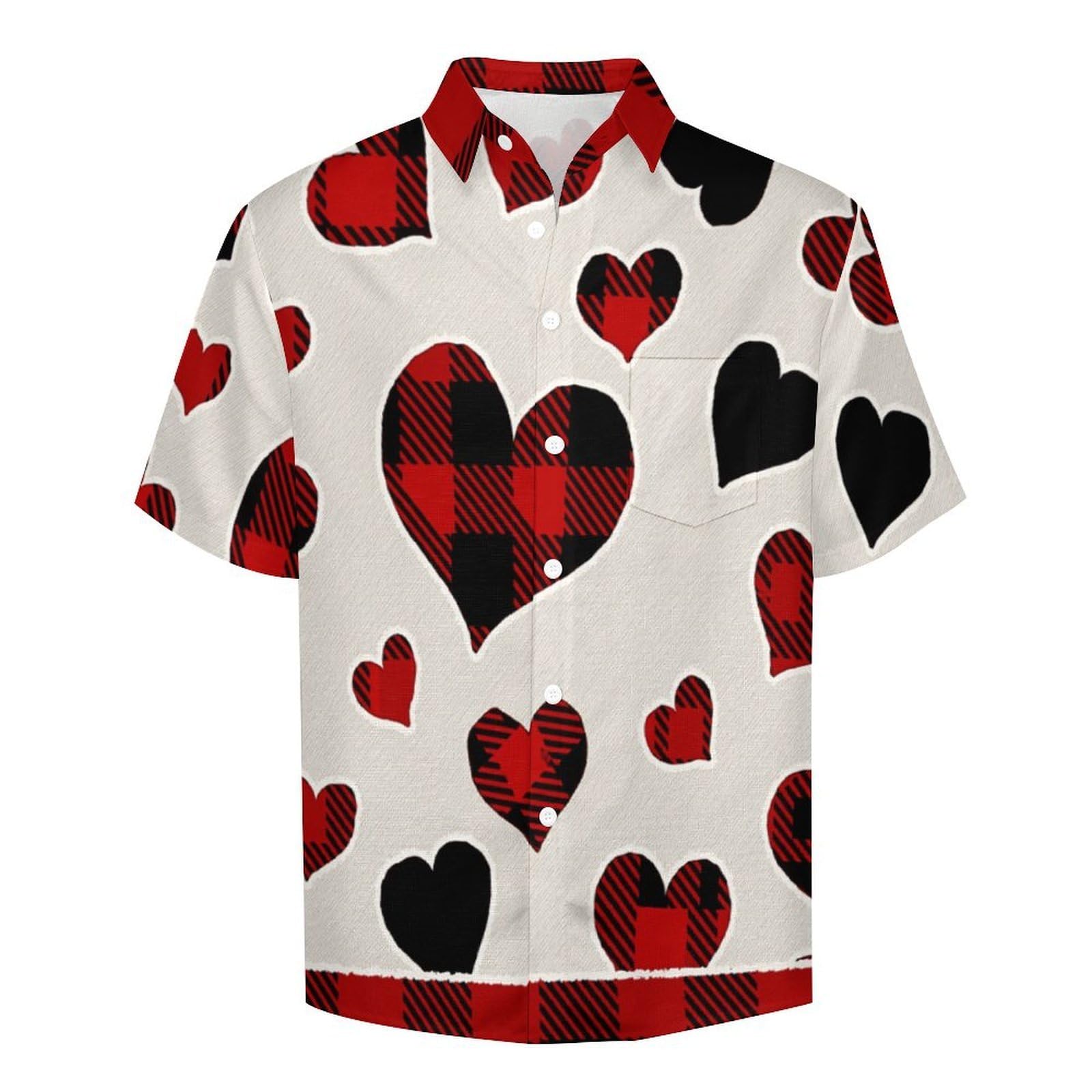 Camicia da Uomo a Maniche Corte con Bottoni, Stile Bordo A Griglia con Stampa Cuore, vestibilità Regolare, Camicie da Spiaggia Estiva Hawaiano, Aloha