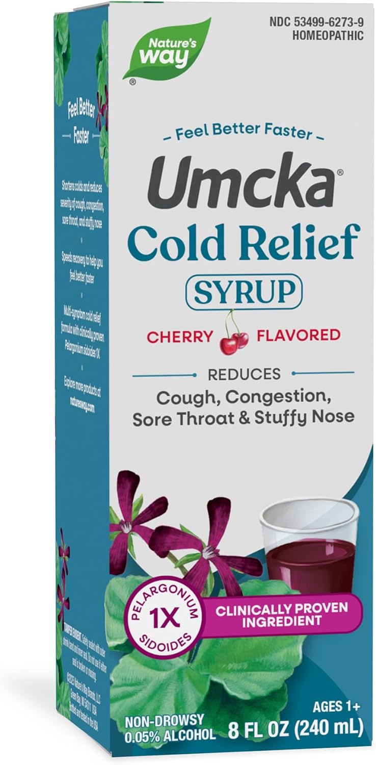 Nature's Way Umcka Cold Relief Syrup, Non-Drowsy Liquid, Cherry, 8 fl oz | Liquid Homeopathic Cold Medicine, Shortens Duration & Reduces Severity of Cough, Congestion, Sore Throat & Hoarseness