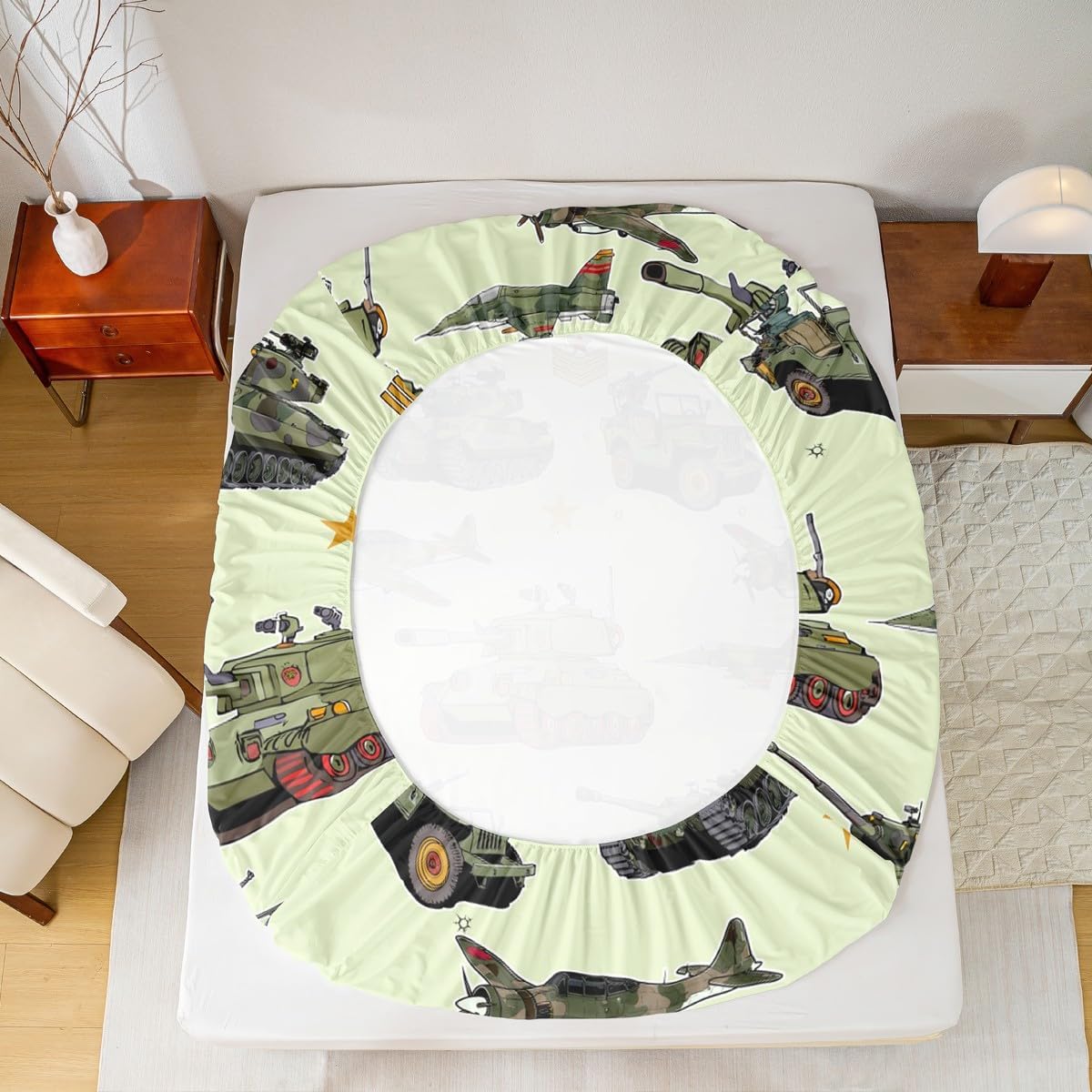Aircraft Tank Fitted Sheet Twin Size, Green Camo Helicopter Airplane Bedding Set 2pcs for Kids Boys Room Decor, Military Army Equipment Bed Cover with 1 Pillowcase, Soft Deep Pocket Sheets, No Flat