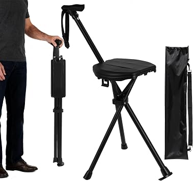Walking Cane Chair Portable Folding 2-in-1 Trekking Pole Stick with Seat, Adjustable Sturdy Anti-Slip Lightweight Aluminum for Hiking Camping Seniors Walking