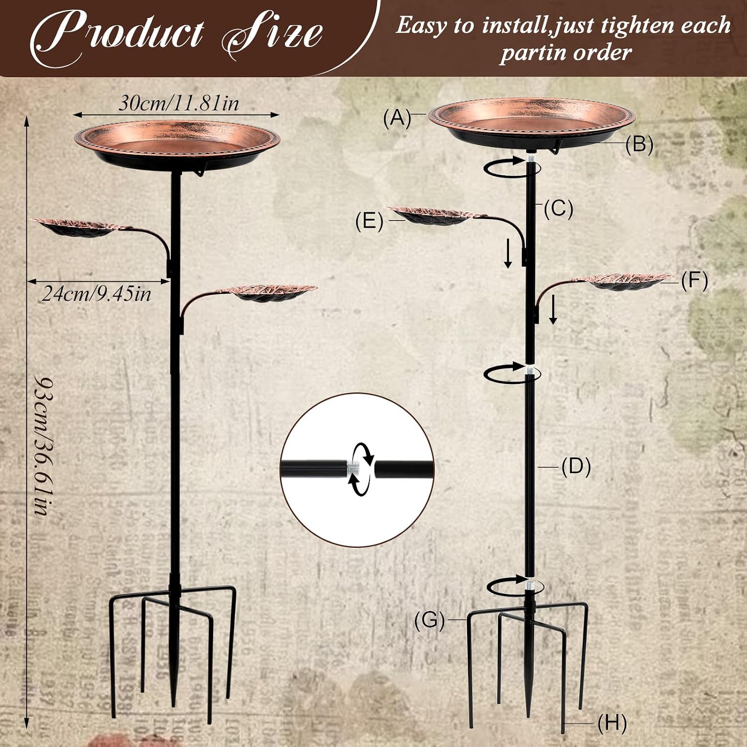 SPOKKI Metal Bird Bath for Outdoors,12 Inch Bath Bowl with 2 Bird Feeders,All Metal Rustproof Standing Birdbaths for Garden Yard Lawn Patio Outdoor Decor,Upgraded 5-Pronged Base (Antique Bronze)