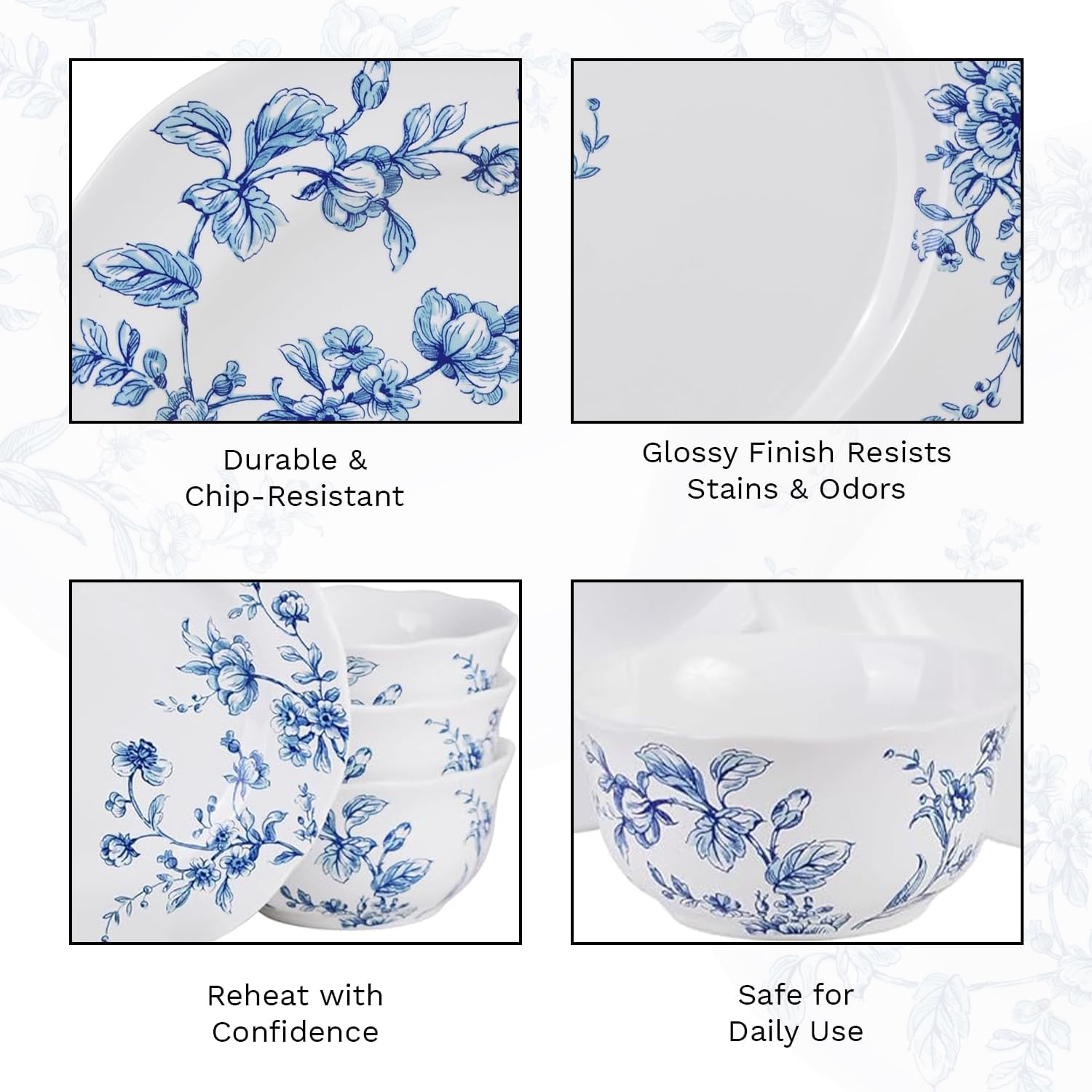 222 Fifth 12-Piece Porcelain Dinnerware Set for 4, White & Blue Plates and Bowls Set, Glossy Ceramic Dish Set with Beautiful Floral Design, Elegant Kitchen Dishes, Microwave & Dishwasher Safe, Bellamy