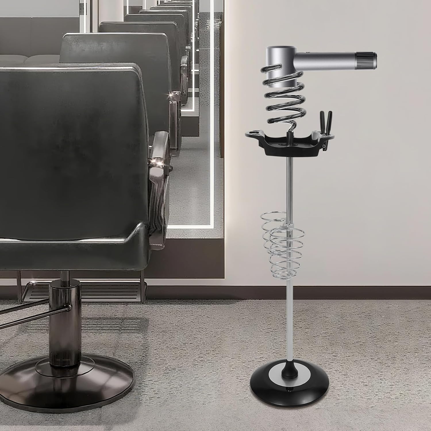 Freestanding Hair Dryer Stand, Hair Styling Appliances with Tray Two Spiral Holders and Stable Base, Twisty Style Curling Iron Holder for Bedrooms, Bathrooms, Living Rooms, Apartments (Black)