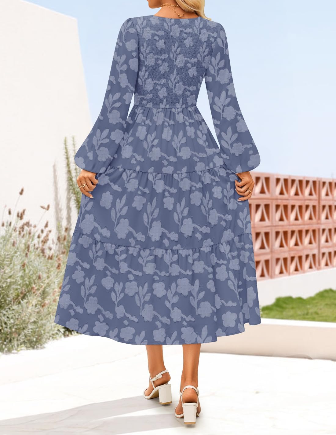 ZESICA Women's Fall Boho Floral Midi Dress 2026 Casual Long Sleeve Crewneck Flowy Wedding Guest Long Dresses - Image 4