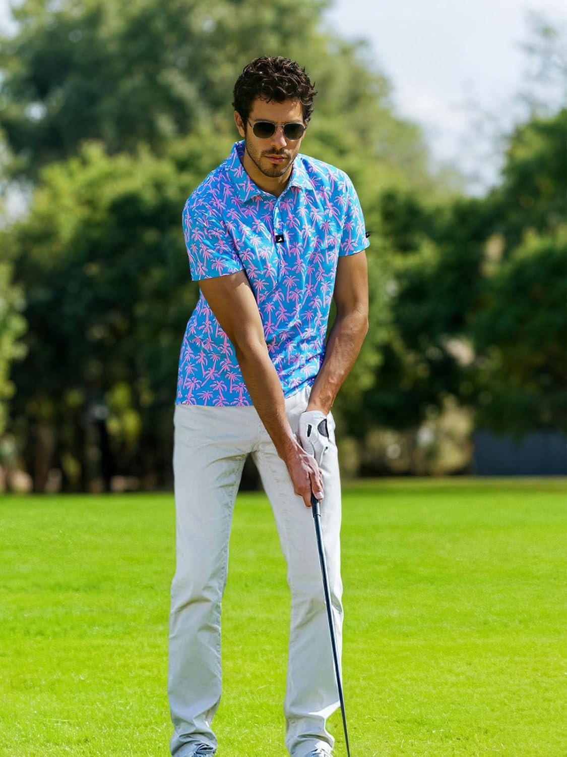 SURF CUZ Golf Shirt Moisture Wicking for Men Dry Fit Polo Shirts Short Sleeve Print Performance 4-Way Stretch