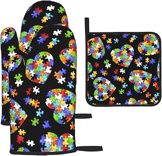 Autism Awareness Puzzle Pieces Heart Oven Pot Holders Sets - Heat Resistant Kitchen Gloves with Stylish Print Design for Safe Cooking ﻿