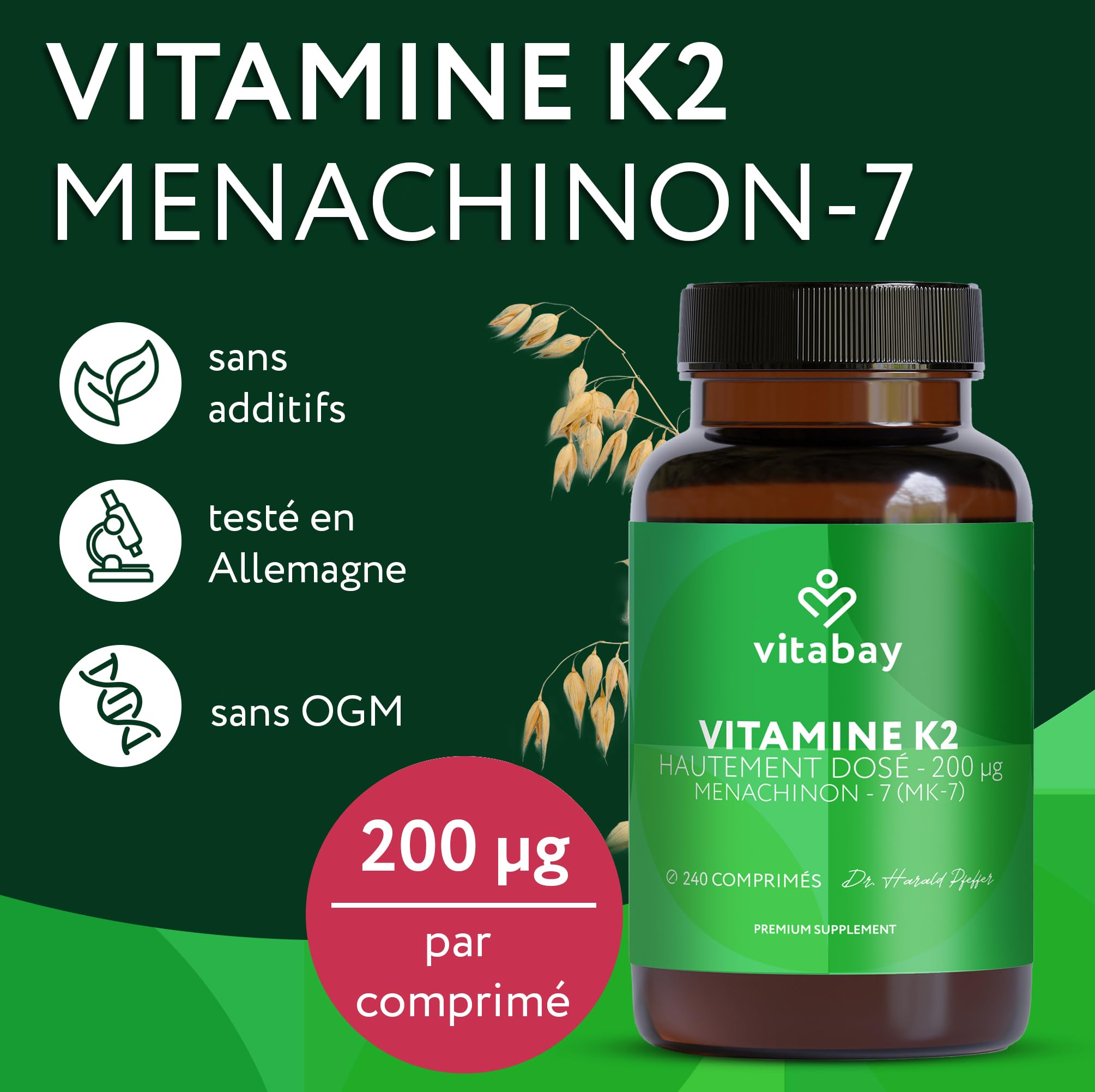 Vitabay Vitamine K2 MK-7 200 µg – 240 comprimés végans – Os & Coagulation – Haute dose MK7 All-Trans Microencapsulé – Testé en laboratoire en Allemagne – Réserve pour 8 mois