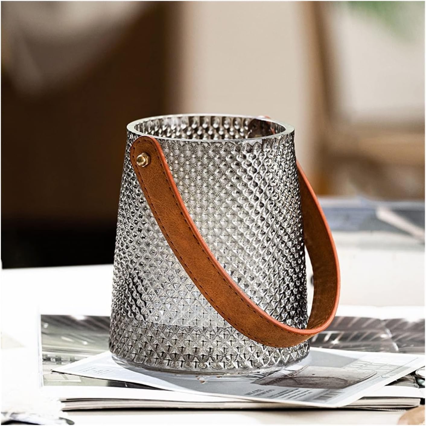 Vase New Glass Flower Vase With Leather Handle Home Office Cafe Big Flower Bottle Hydroponic Vase Wedding Table Decoration Ornament Suitable for dining and living room home decoratio(Small)