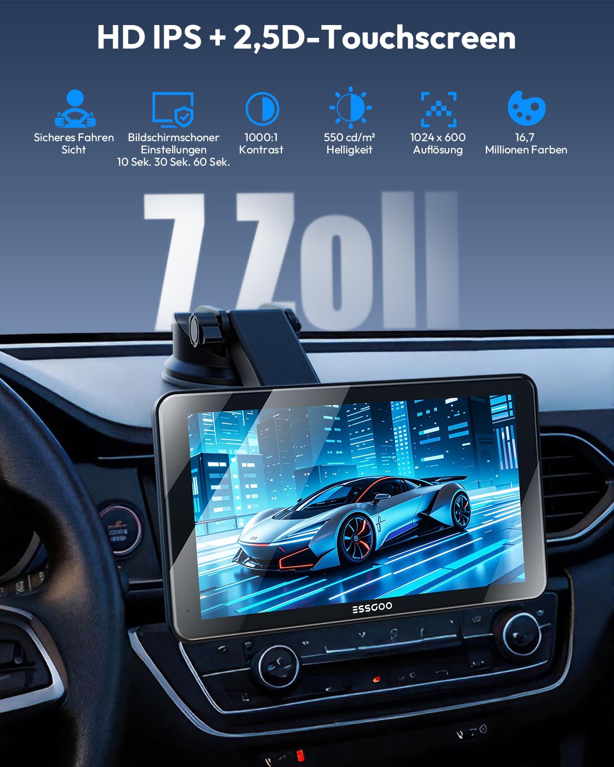 ESSGOO Carplay Android Auto Display mit Rückfahrkamera,7 Zoll Carplay Bildschirm für Apple/Android Auto/AirPlay/Mirror Link,Wireless Touchscreen GPS Navigation,mit Bluetooth5.3,AUX,FM,Sprachassistent